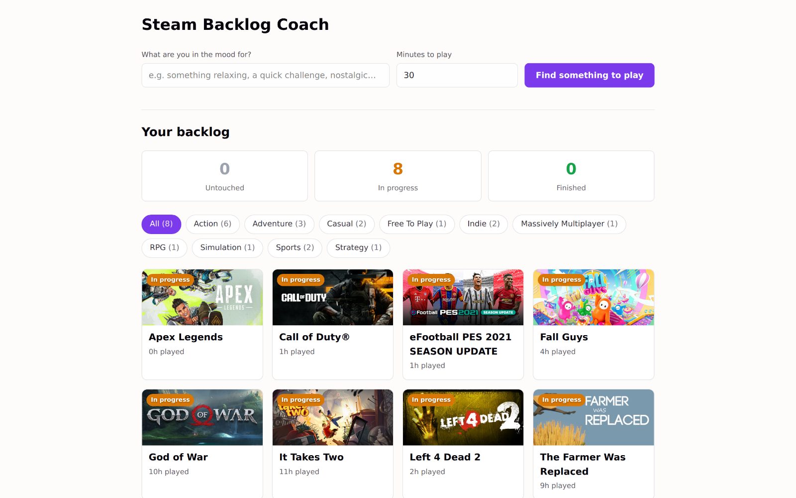 Steam Backlog Coach dashboard