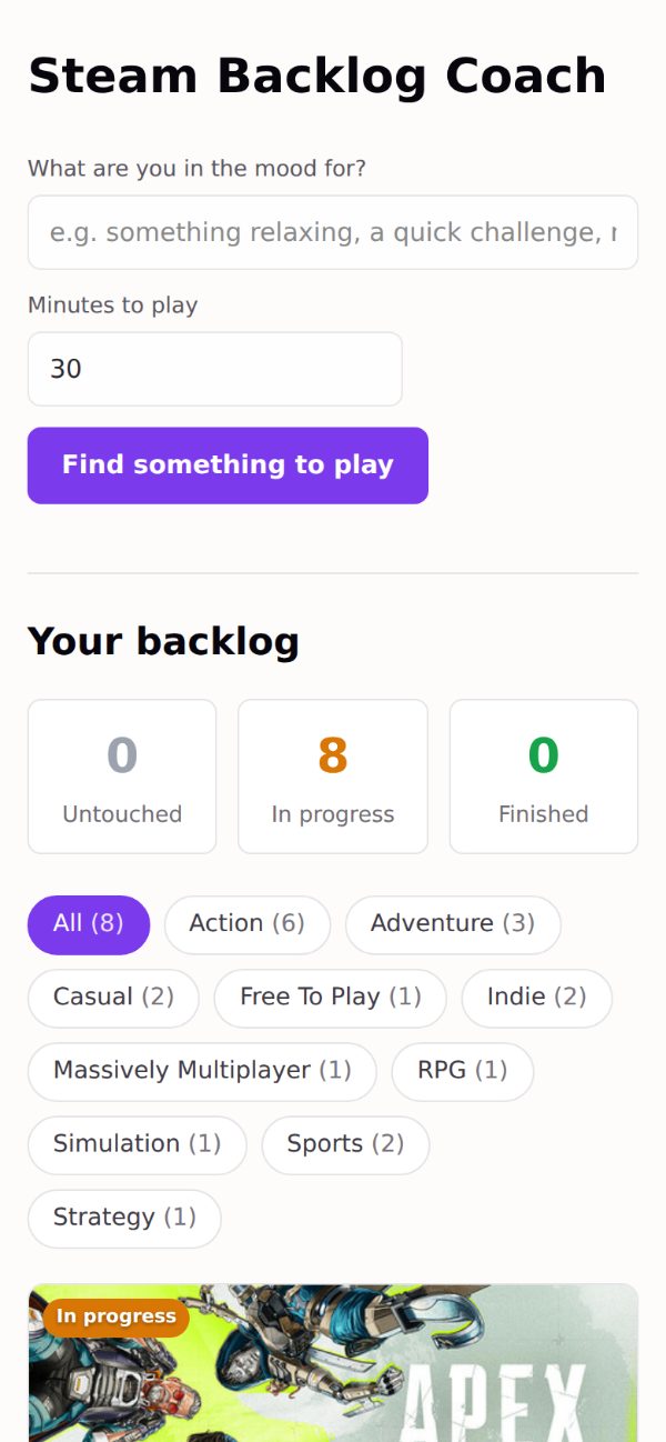 Steam Backlog Coach on a phone